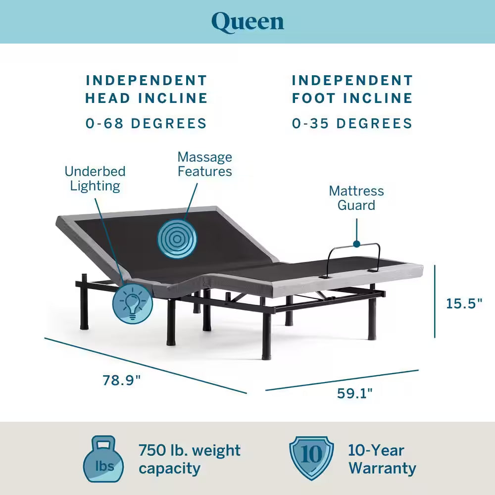 Black Queen Deluxe Adjustable Bed Frame Base with Wireless Remote and Smart App