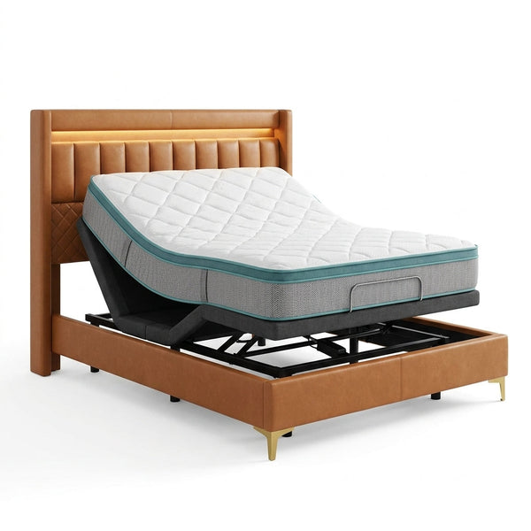 Queen Adjustable Bed Base with Mattress, 14 Inch Gel Memory Foam Two-Side Medium-Firm/Firm Mattress in Box, Updated Adjustable Bed Frame with Thickened Foam Frame, Wireless Remote, Electric Smart Bed — Studio Shot